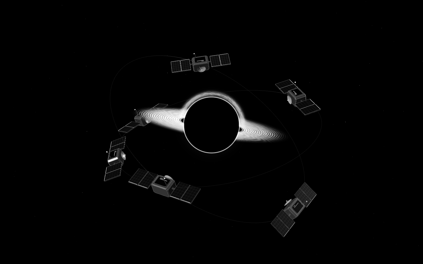 Six silver satellite agents in dark space around a floating proof engine